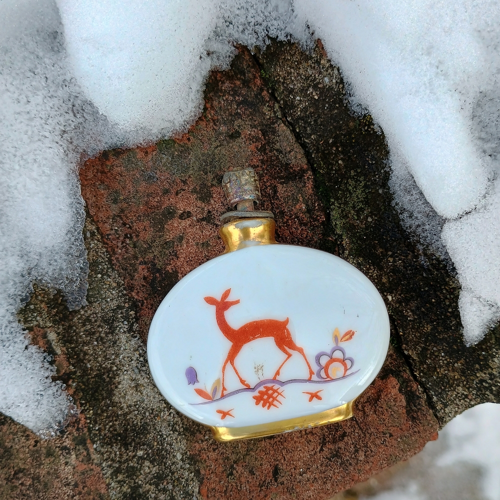 1960s porcelain perfume bottle w deer motif, Germany, MCM decor